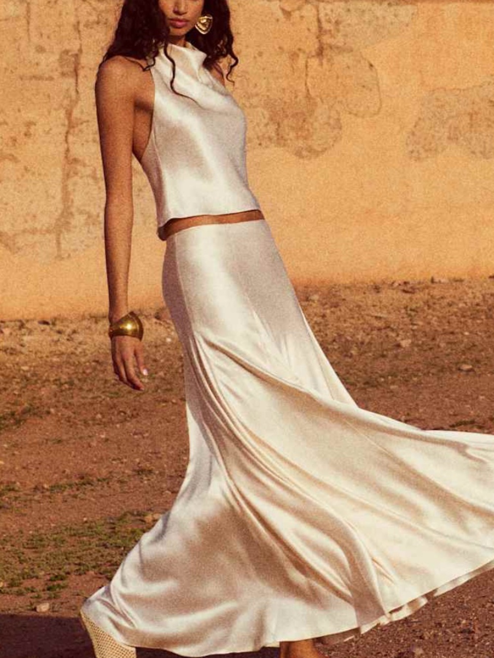 Reformation Sera Silk Two Piece Maxi Skirt Halter Set ALMOND Beige With Tags - 0